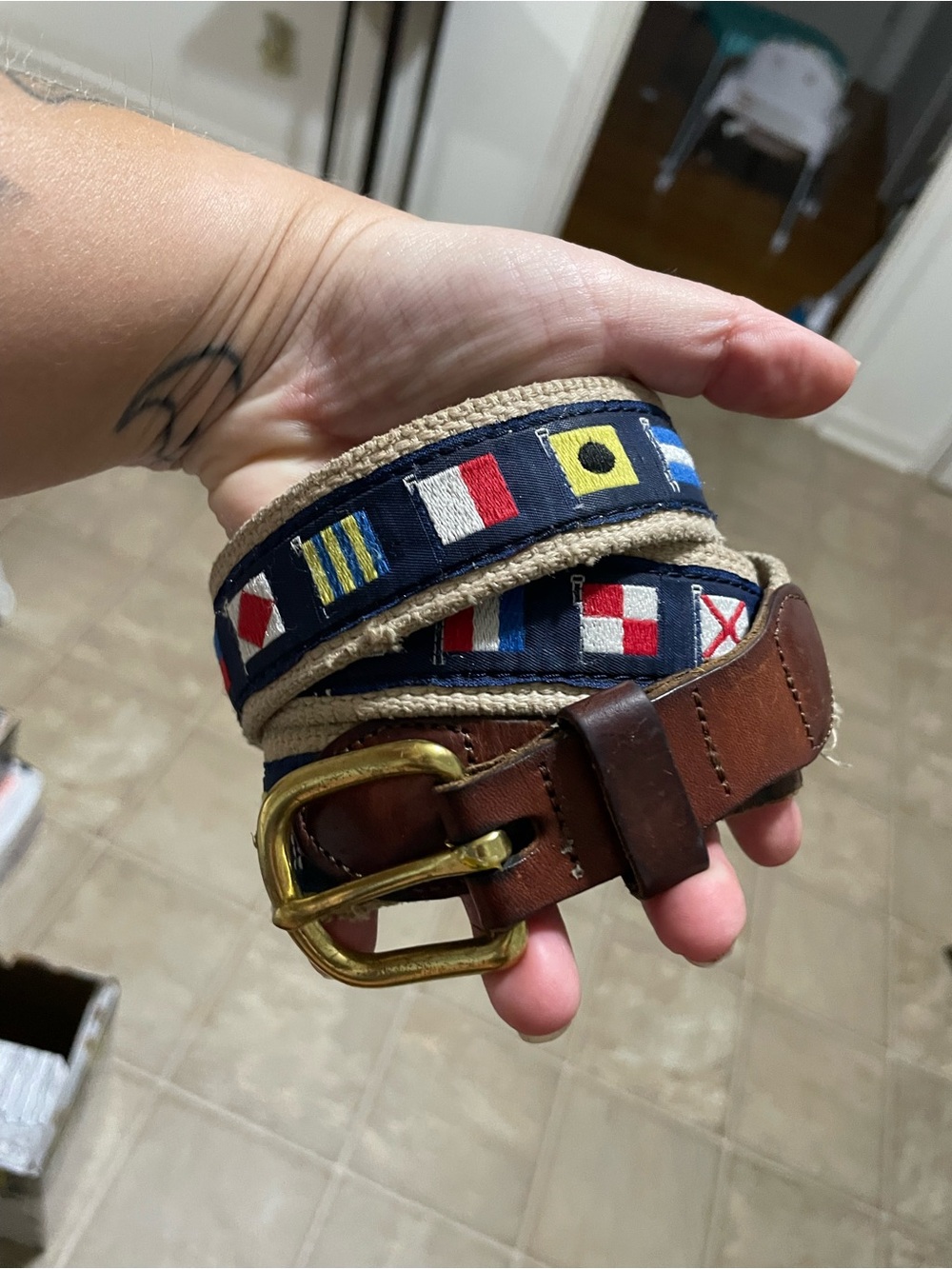 Navy Nautical Embroidered Cotton Web Belt with Brown Leather Trim